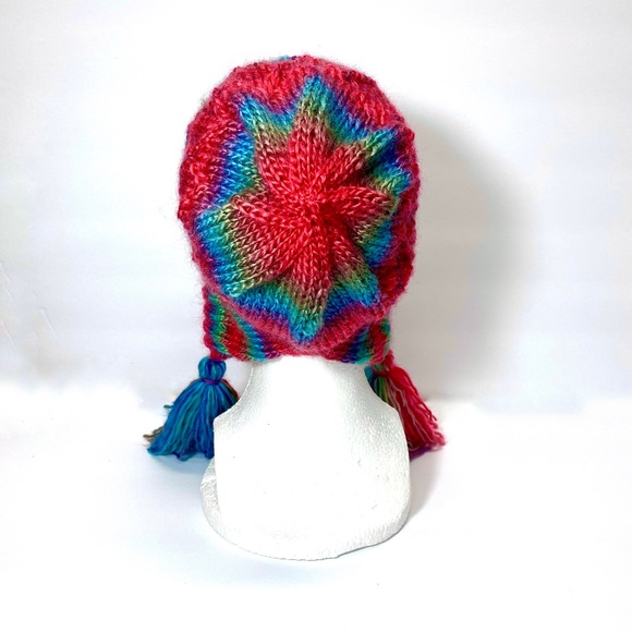 HAND KNIT Brightly Color Stripe Fun Bonnet Beanie with Tassels, Fun Cabled Hat - Picture 4 of 10